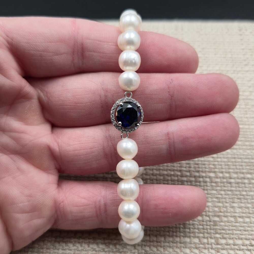 7 Inch Sterling Silver Genuine Pearls And CZ Gems Expandable Bracelet B903